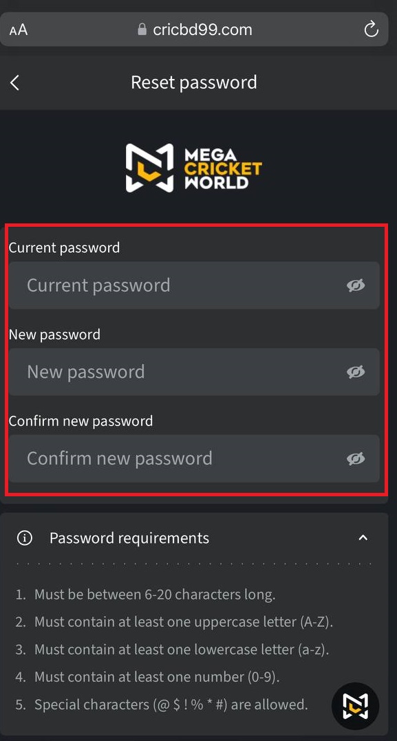 3. Input current password and new password.